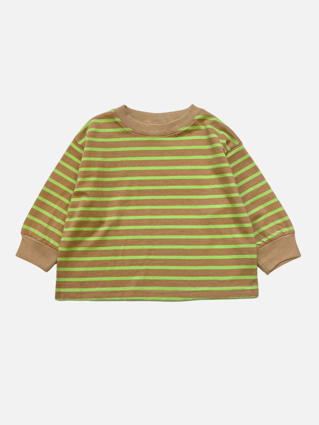 The BAILEY STRIPE LONGSLEEVE features soft cotton with brown and green horizontal stripes, a tan collar and cuffs, in Lime/Sand. Shown on a white background. From a popular Korean kids brand.
