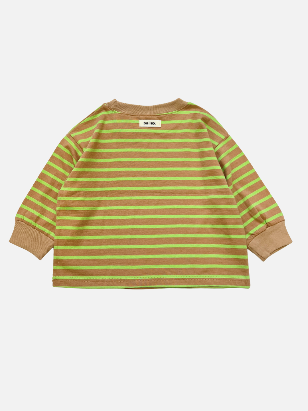 The BAILEY STRIPE LONGSLEEVE is a Korean kids’ tee made from soft cotton, featuring green and brown stripes, tan cuffs, and a "bailey." label on the upper back.