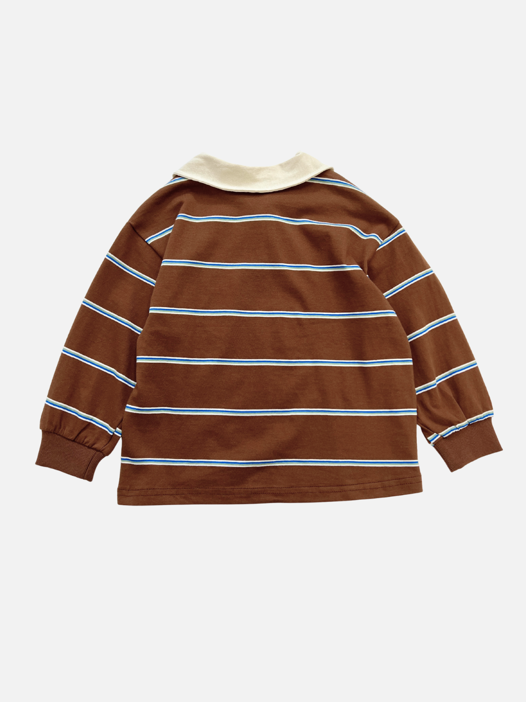 Brown | The RETRO RUGBY LONGSLEEVE, a brown tee with white and blue stripes and a contrast rugby collar from a top Korean kids brand, is displayed flat on a white background.