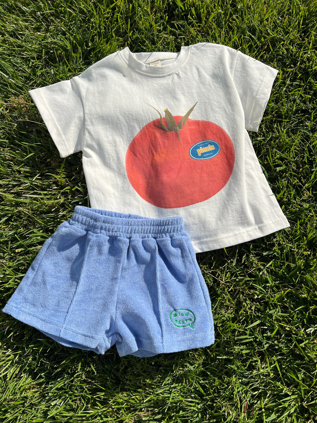 Blue short with the tomato tee