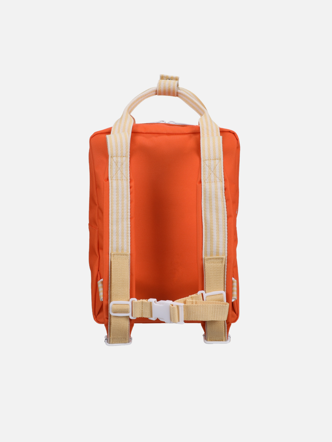 MEDIUM ENVELOPE BACKPACK in orange, medium size, with beige straps and a handle, shown from the back on a white background. Made from recycled materials for an eco-friendly option.