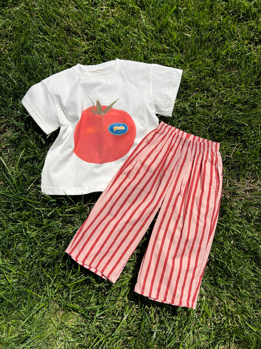 The PICNIC TEE, a white oversized cotton t-shirt with a bold tomato print from a Korean kids brand, is paired with red-and-white striped pants and displayed on green grass.