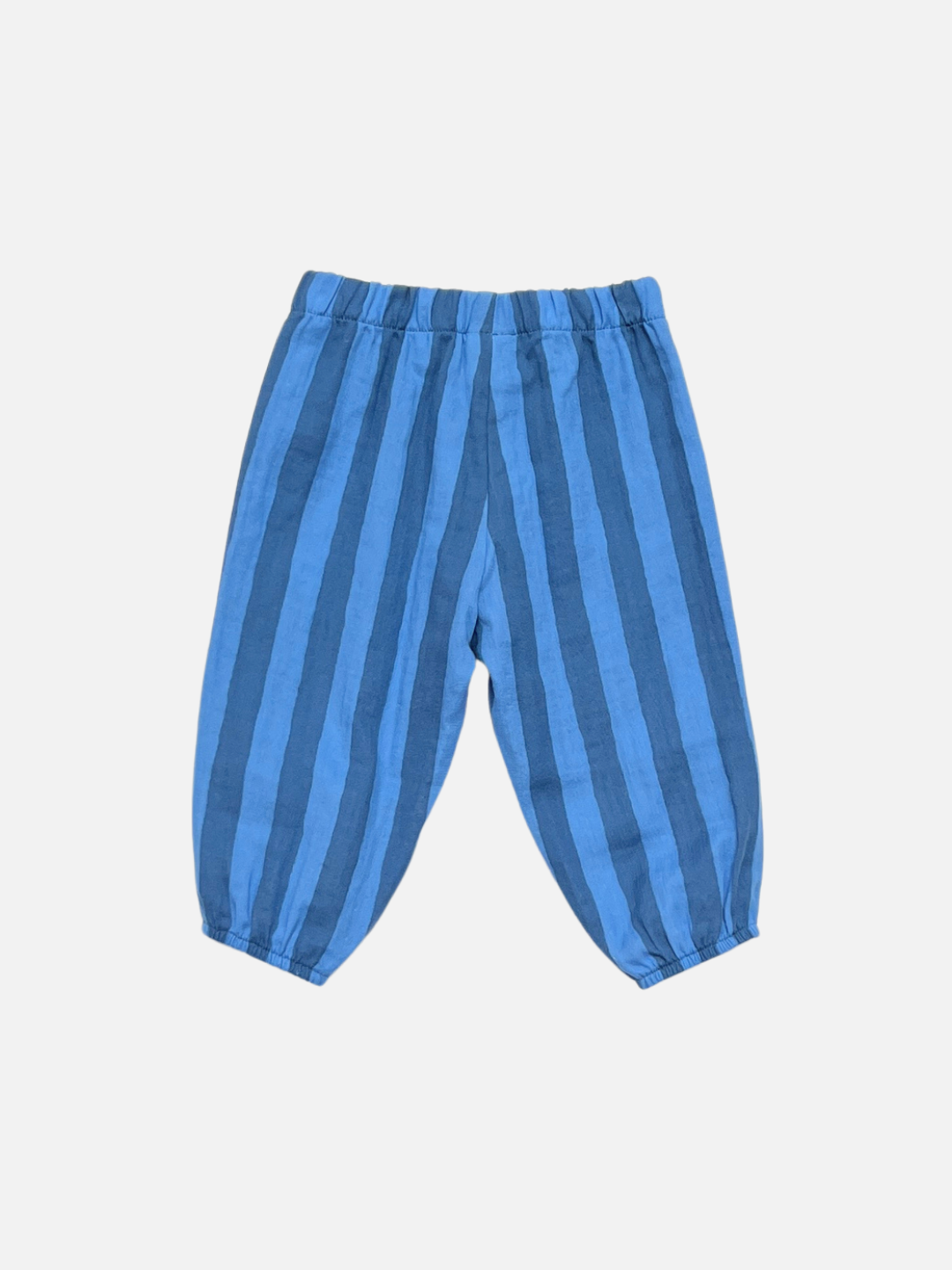 Blue Stripe | Back view of baby and toddler striped organic cotton pants in medium and darker blue vertical stripes, on a light grey background.