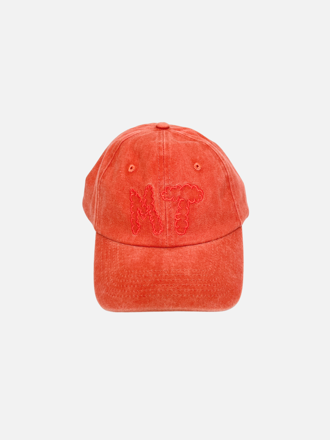 Orange | An orange cotton canvas baseball cap, the MT DAD CAP from Milk Teeth, featuring "MT" embroidered in matching orange thread on the front and shown against a plain white background.
