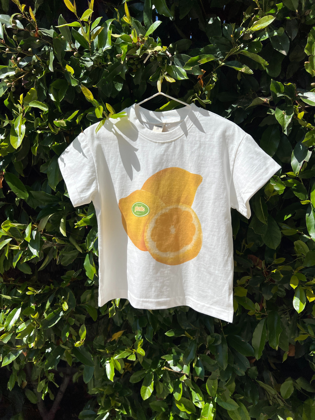 The PICNIC TEE, an oversized white cotton t-shirt for kids by a Korean brand, with a bold lemon graphic, hangs on a hanger amid lush green foliage, bathed in sunlight.