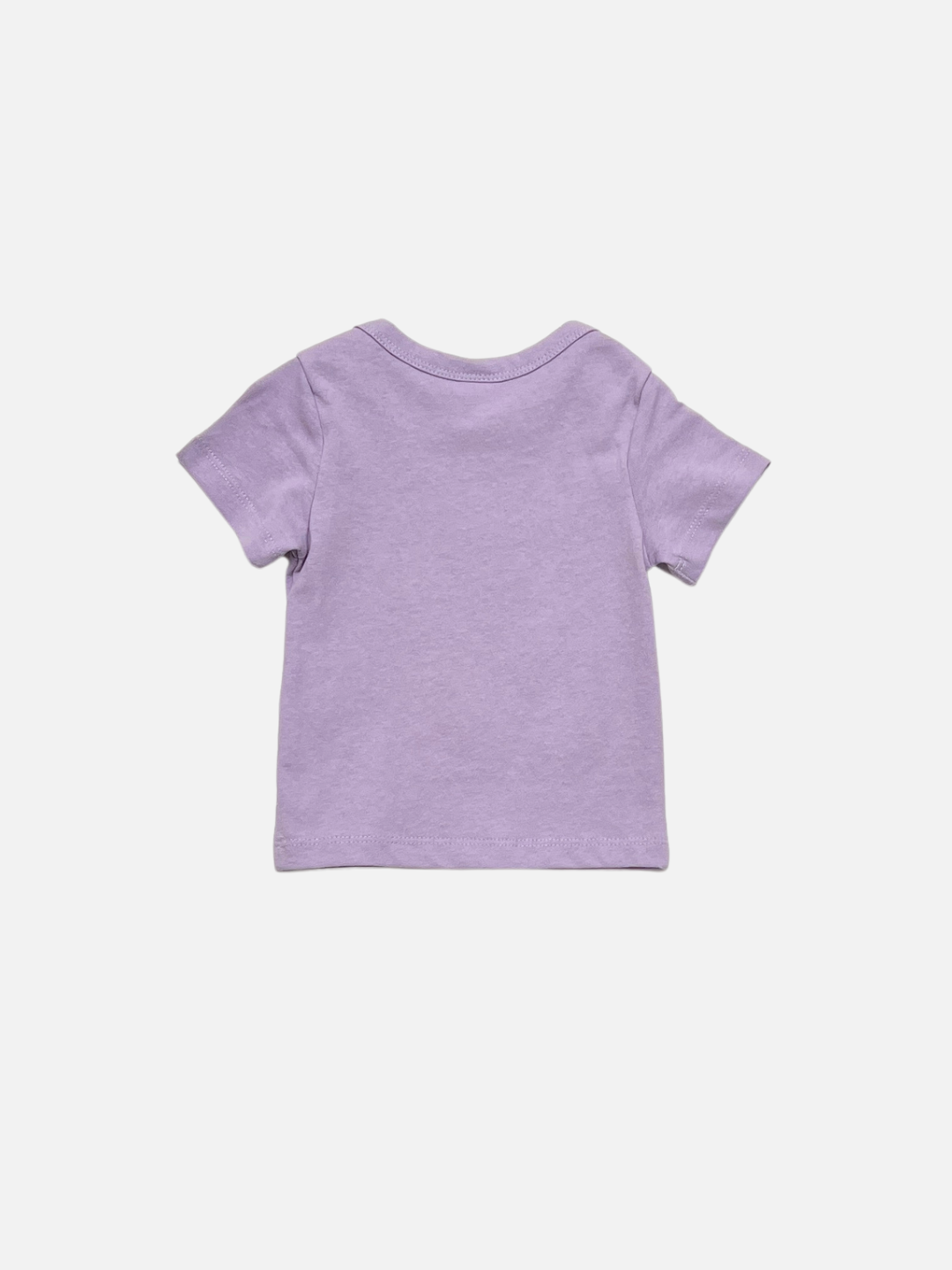 The FRUIT STACK BABY TEE, a plain short-sleeved lavender cotton jersey t-shirt, is shown laid flat and viewed from the back against a white background.