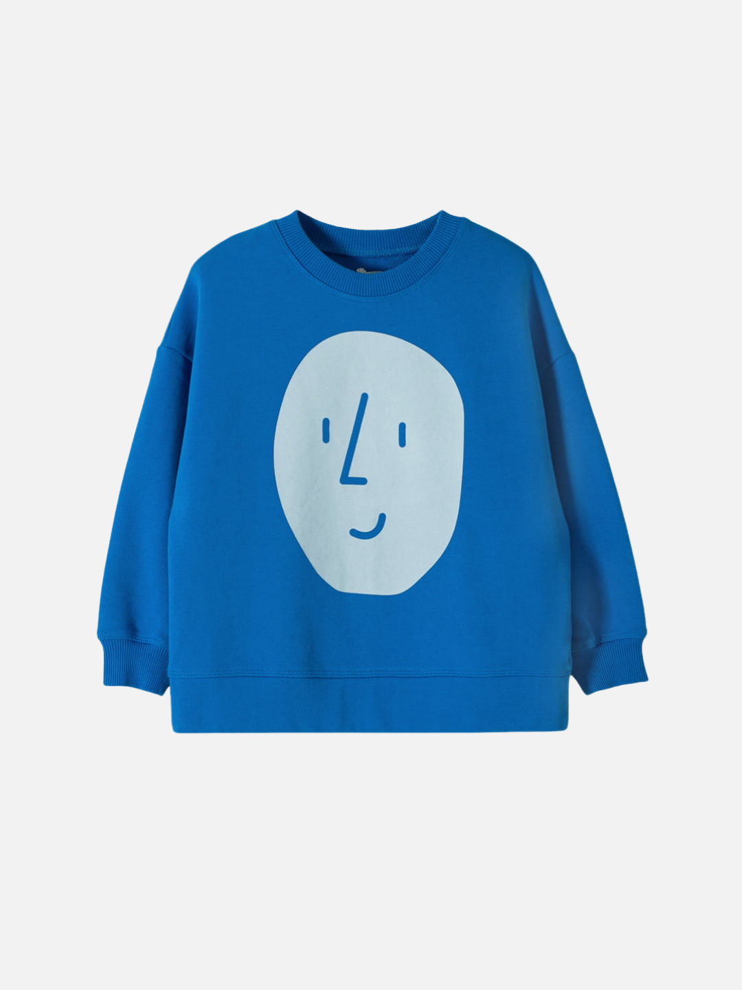 Blue | The POTATO SWEATSHIRT from OXOX CLUB is an oversized blue sweatshirt made of organic cotton, featuring a simple white smiling face graphic on the front, shown against a plain white background.