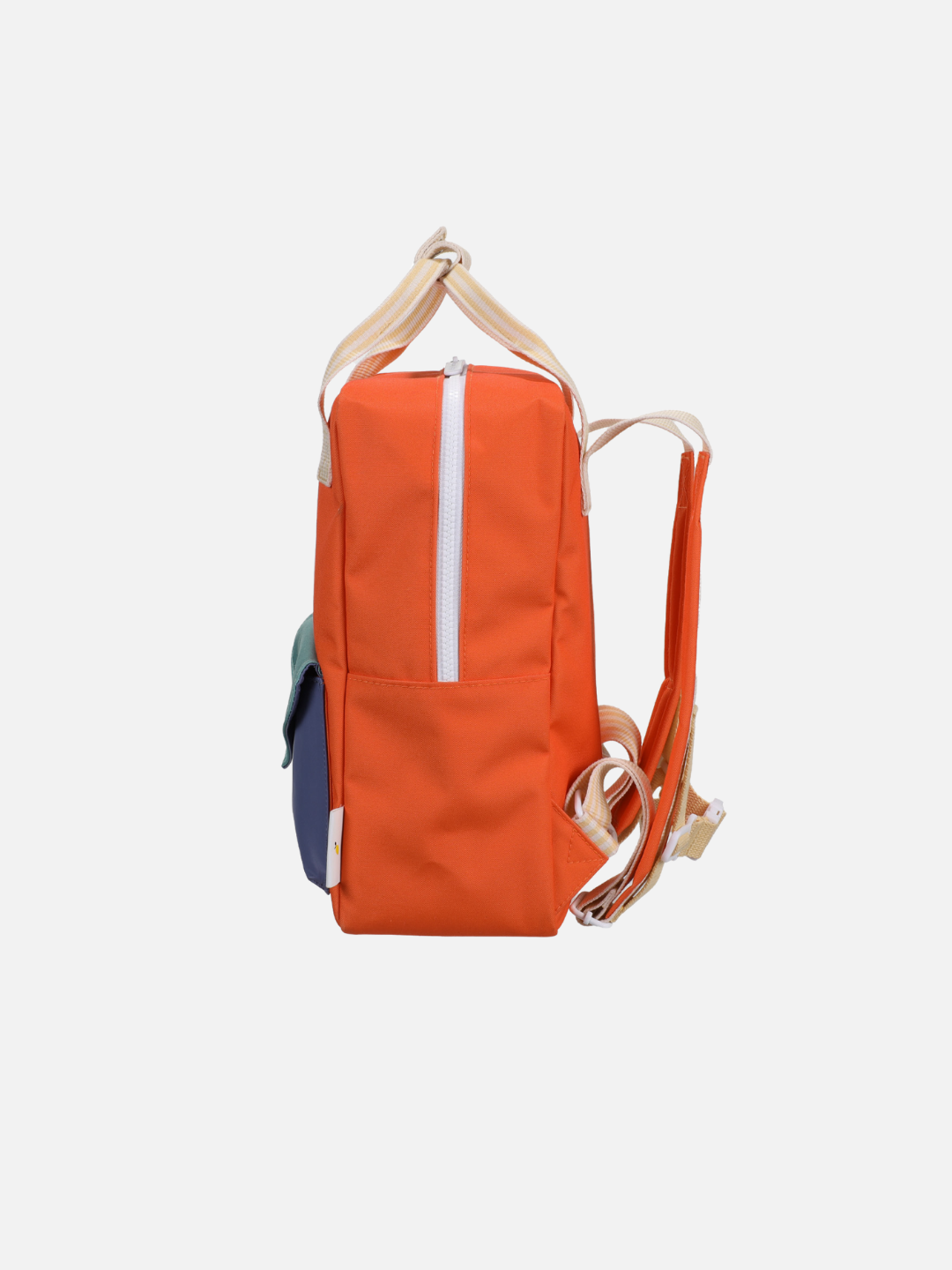 Side view of the MEDIUM ENVELOPE BACKPACK in orange, featuring beige straps, white zipper, small blue pocket, and waterproof lining on a plain white background.