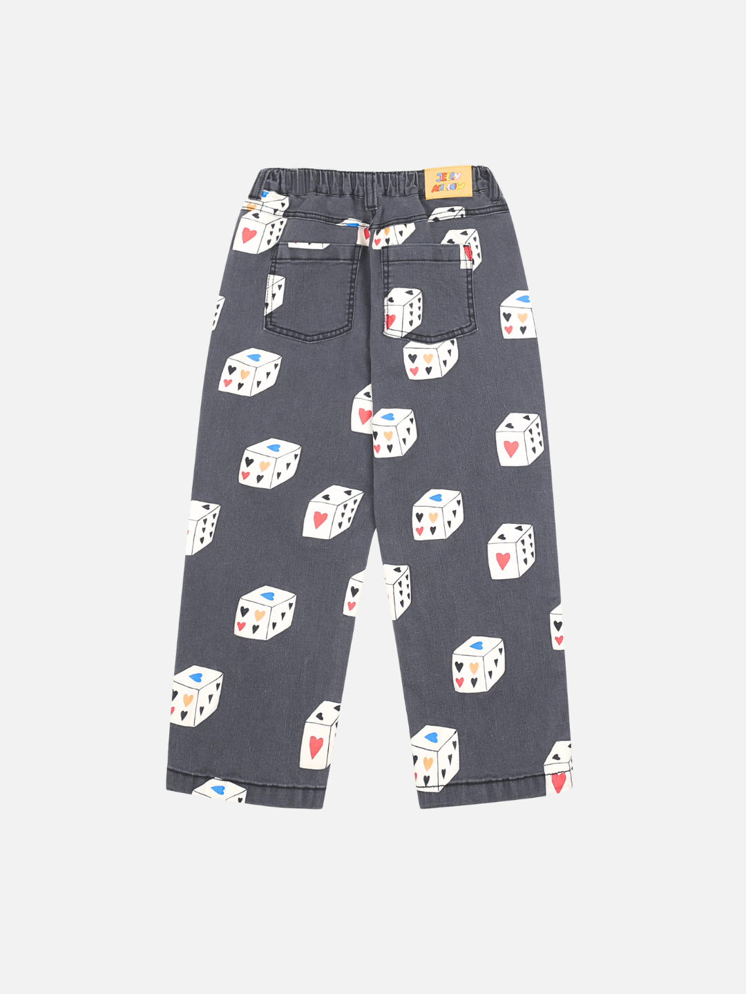 HEART DICE DENIM PANTS: Children's black pants with an all-over dice print of heart, spade, diamond, and club symbols. Features two back pockets and an elastic waist.