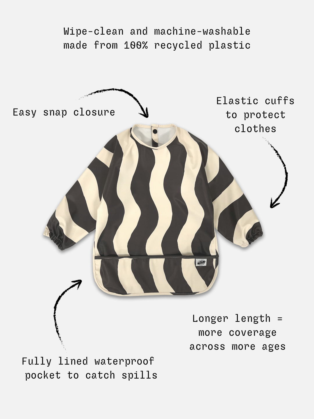 Black Waves | Detailed information of the long sleeve black and white wavy bib and a front pocket.
