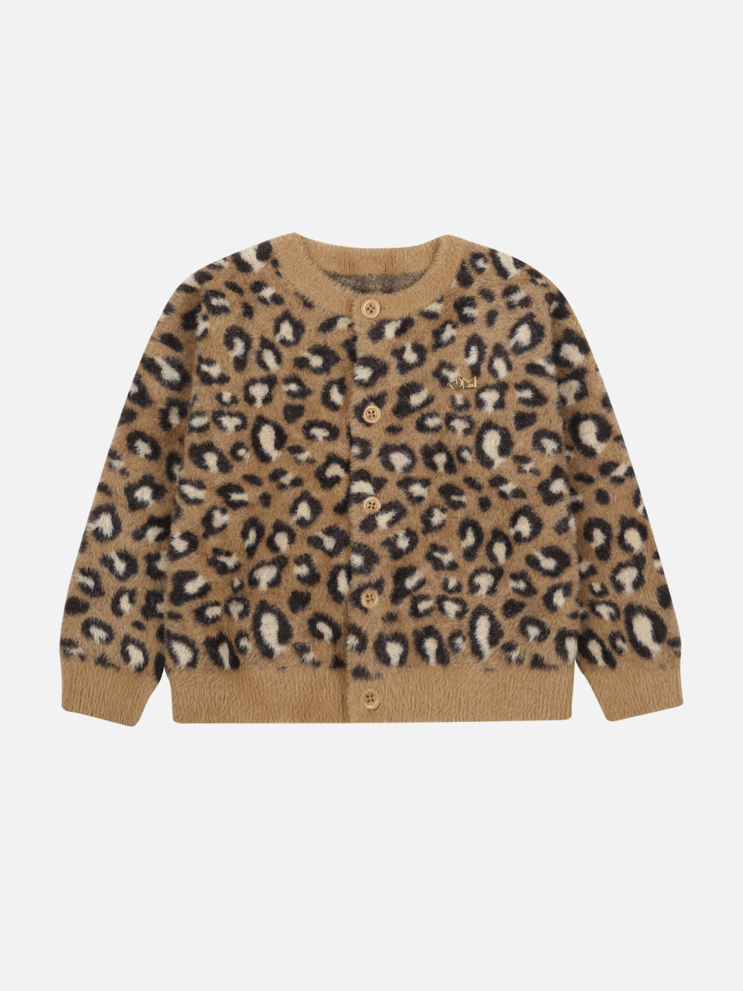 The COZY LEOPARD CARDIGAN features a brown and black-and-white leopard print, button-up front, long sleeves, and ribbed cuffs and hem. Stylish, it's shown on a plain white background to highlight its trendy design.