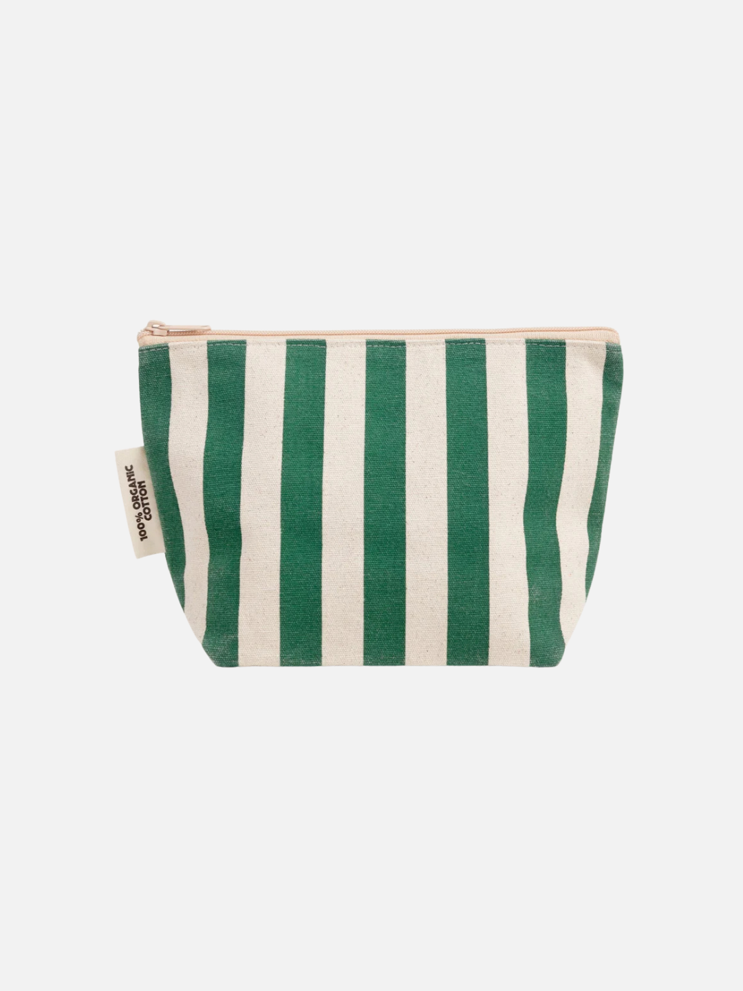 Green | The ORGANIC COTTON ZIPPER BAG features durable organic cotton in green with vertical stripes and a beige zipper, ideal for organizing diaper bags. Shown against a plain white background.