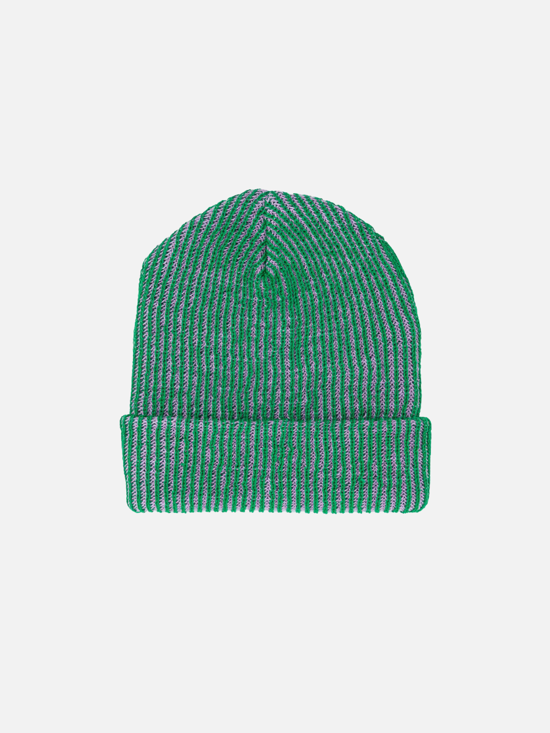 Kelly/Lilac | Front view of a kelly green ribbed beanie for big kids and adults, with a ribbed cuff. The ribbed texture reveals a second yarn color that's light purple.