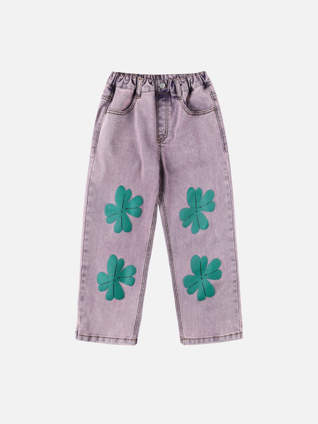 The LUCKY CLOVER DENIM PANTS are light purple jeans with an elastic waistband and four large green clover appliqués on the front, shown on a plain white background.