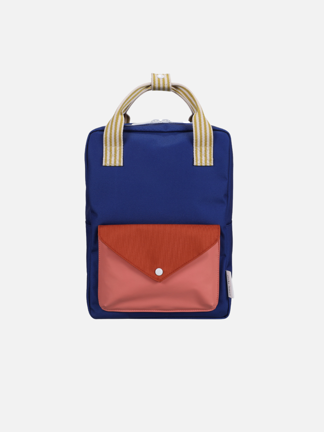 The MEDIUM ENVELOPE BACKPACK features blue fabric, a red and pink front pocket, yellow striped handles, and a waterproof lining, shown against a white background.