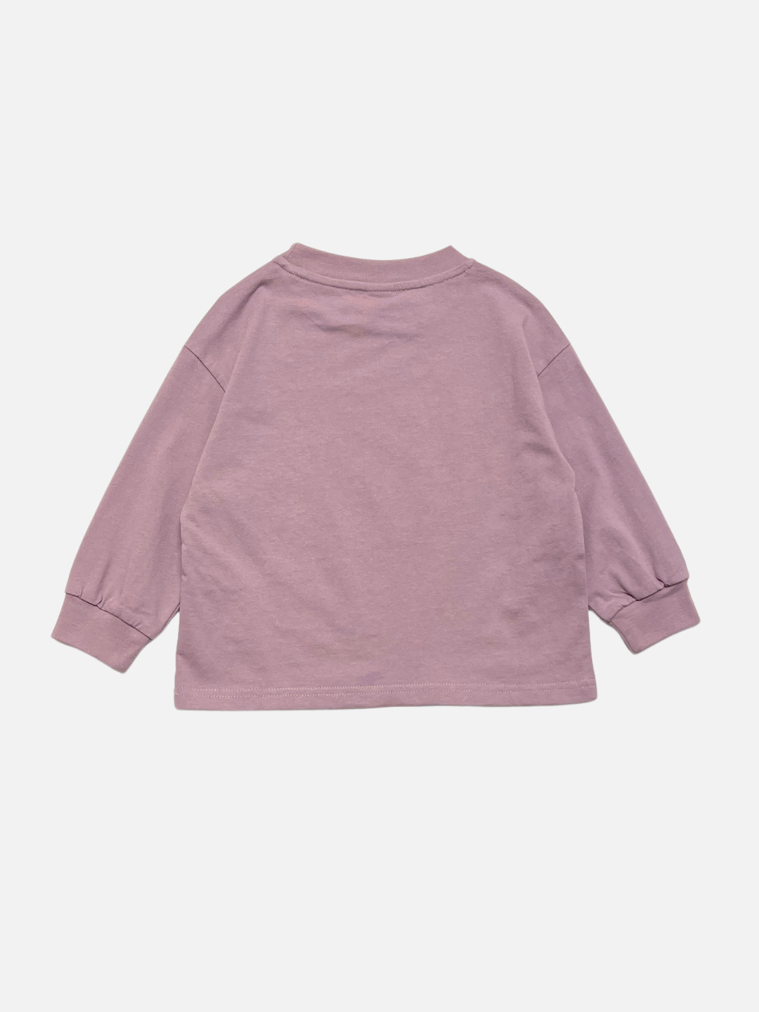 Purple | A SQUIGGLE LONGSLEEVE in light purple is laid flat with the back side facing up against a plain white background. Made from 100% cotton, this relaxed-fit tee showcases a whimsical doodle character graphic for playful flair.