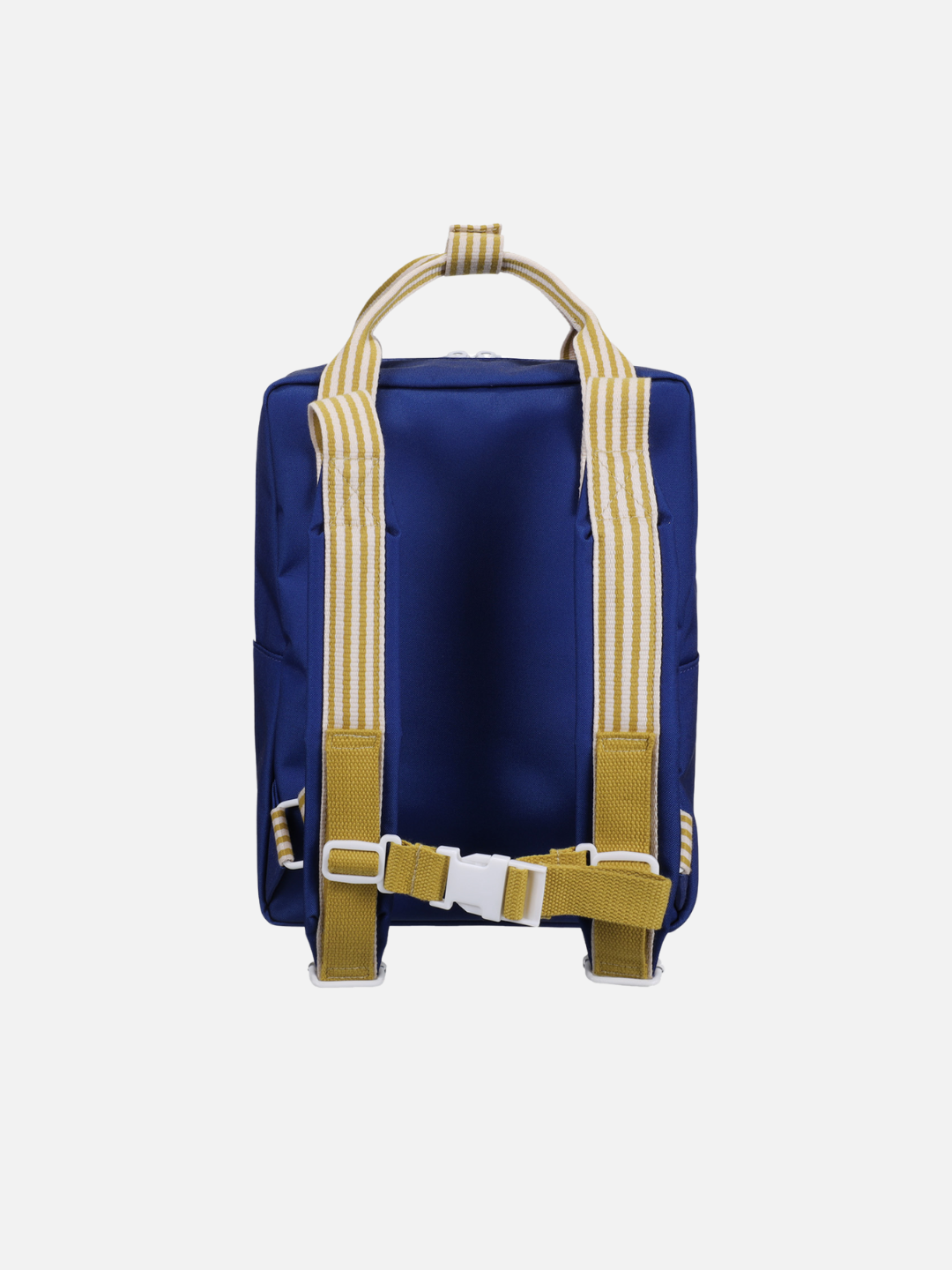 Ned Blue | The MEDIUM ENVELOPE BACKPACK in blue features yellow and white striped adjustable shoulder straps, a matching top handle, and a white buckle. Made from recycled materials with a waterproof lining, shown from the back.