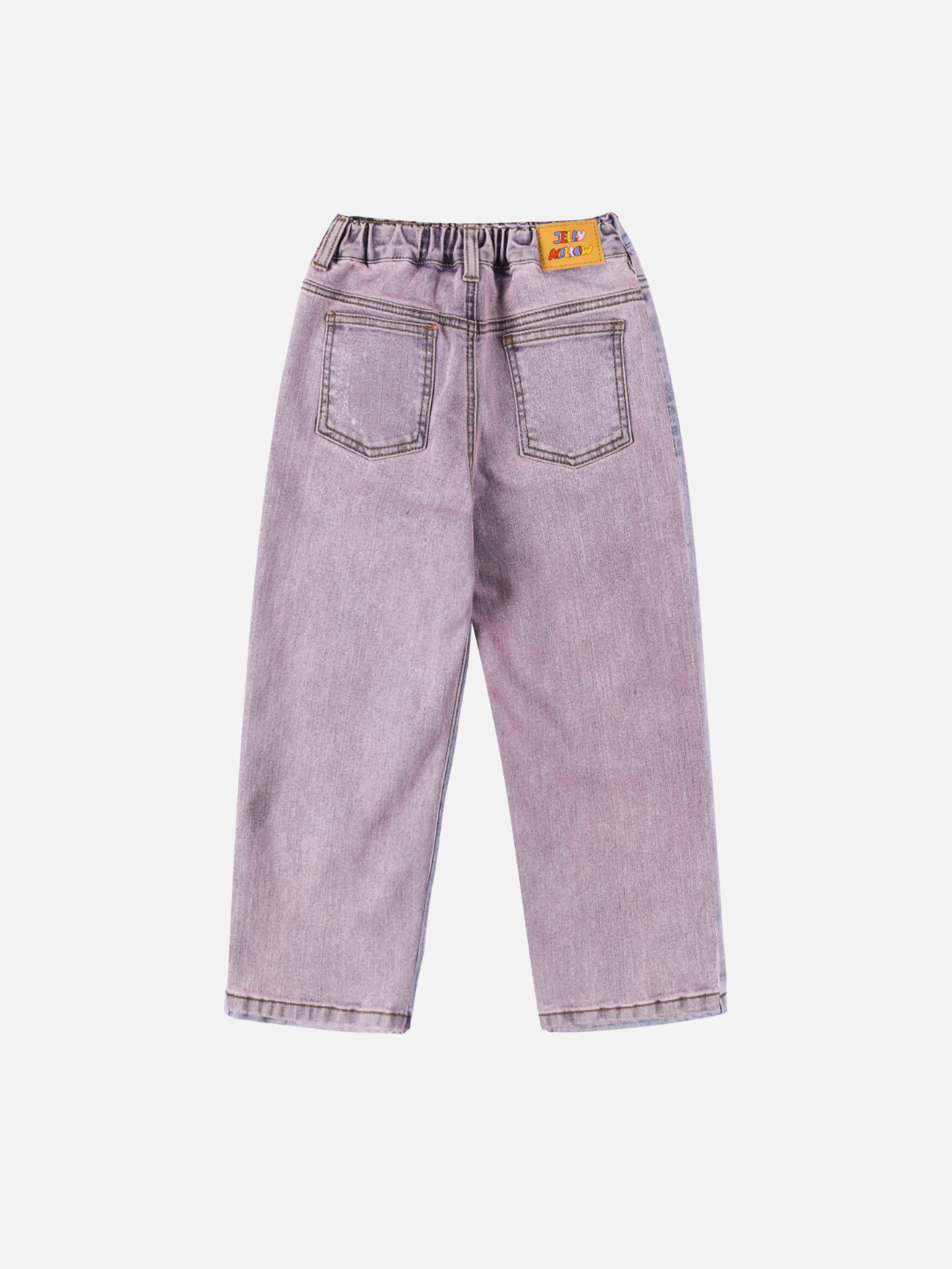 LUCKY CLOVER DENIM PANTS: Children's light purple jeans with an elastic waistband, two back pockets, and a yellow waist patch label, shown on a plain white background.