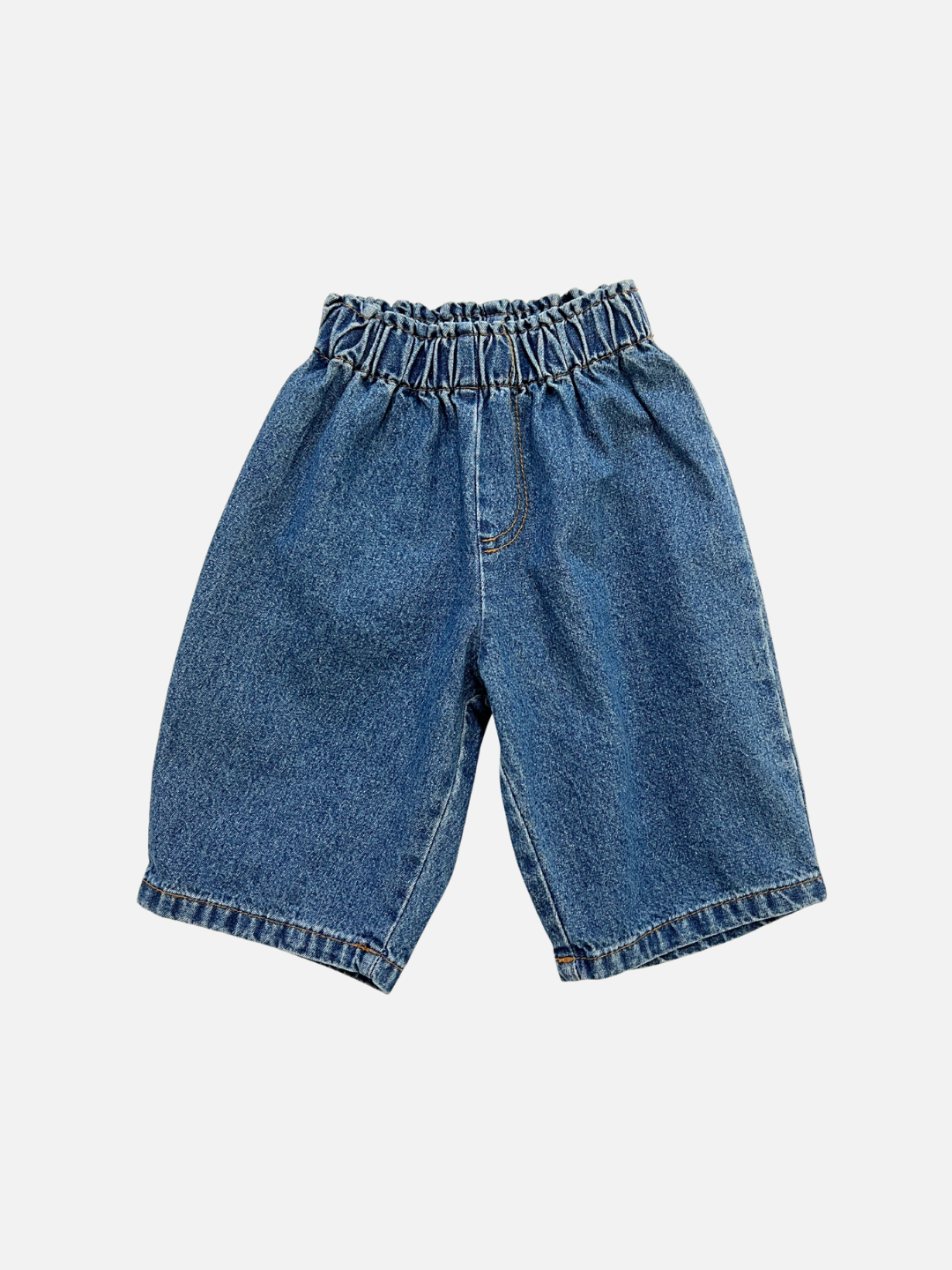 Dark Wash | BABY JEANS in a dark wash—cotton denim shorts with an elastic waist, inspired by Korean baby jeans, shown on a plain white background.