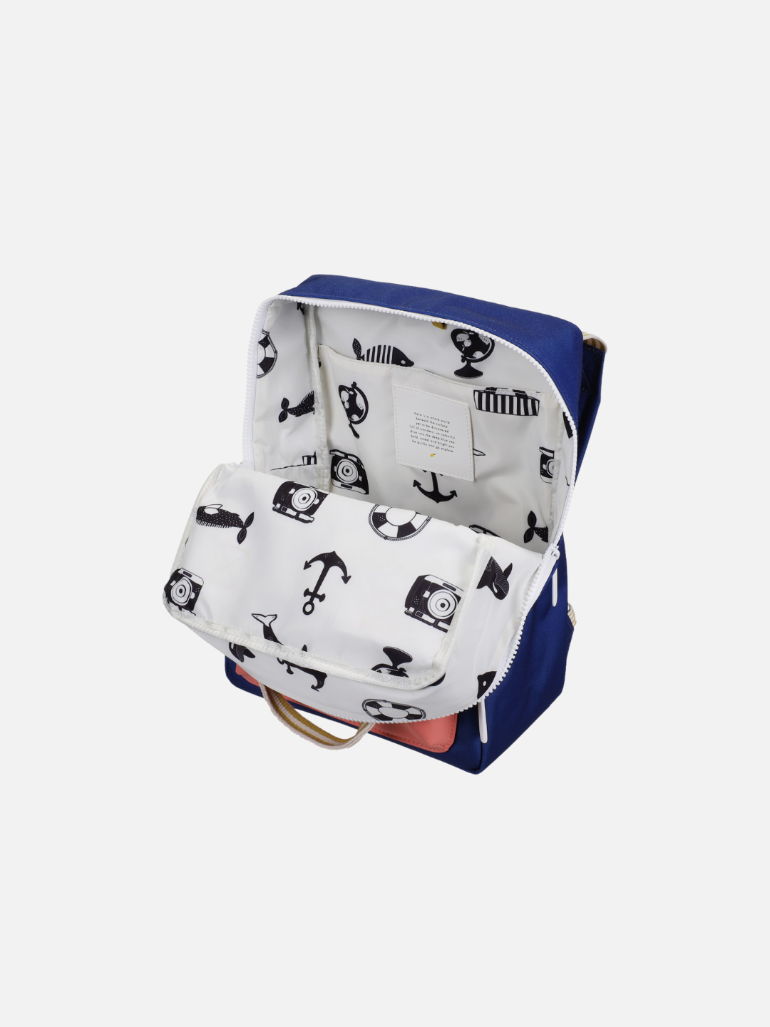 Ned Blue | The MEDIUM ENVELOPE BACKPACK in blue features a main compartment with a white interior lined with black nautical illustrations. Made from recycled materials, it includes a waterproof lining for added protection.