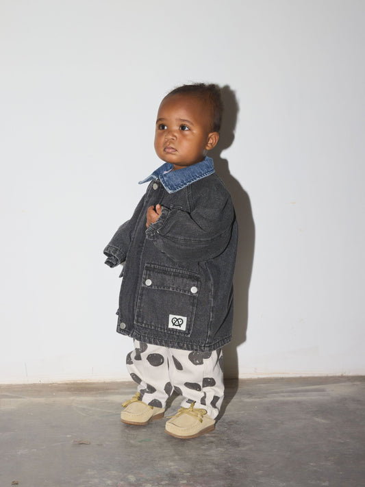 Second image of Charcoal | A children's dark wash denim jacket with a contrasting light blue denim collar, shown flat against a light gray background.