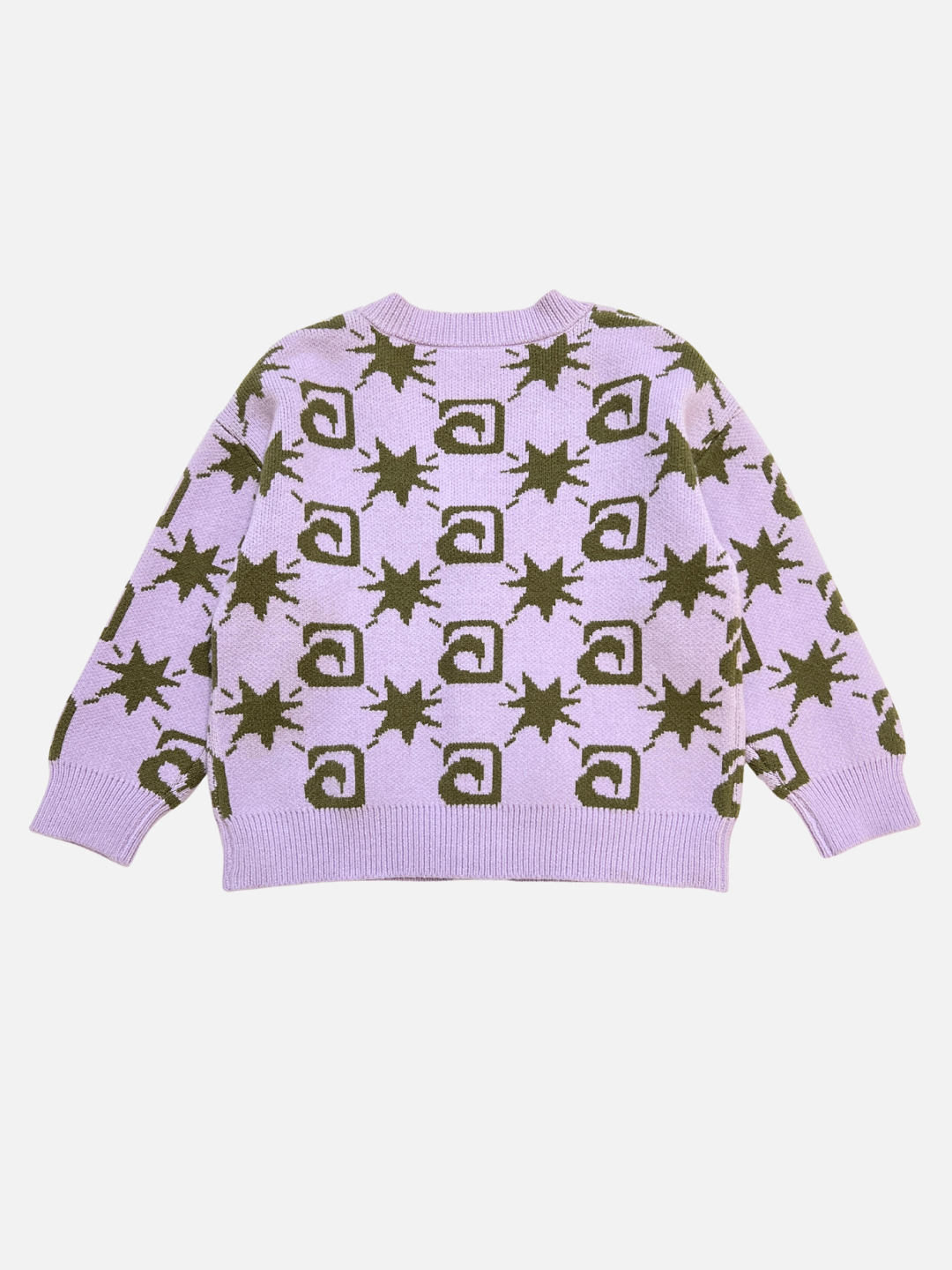 Lavender | The TRELLIS CARDIGAN is a lavender knit sweater featuring an olive green abstract star and spiral pattern, shown flat on a white background.