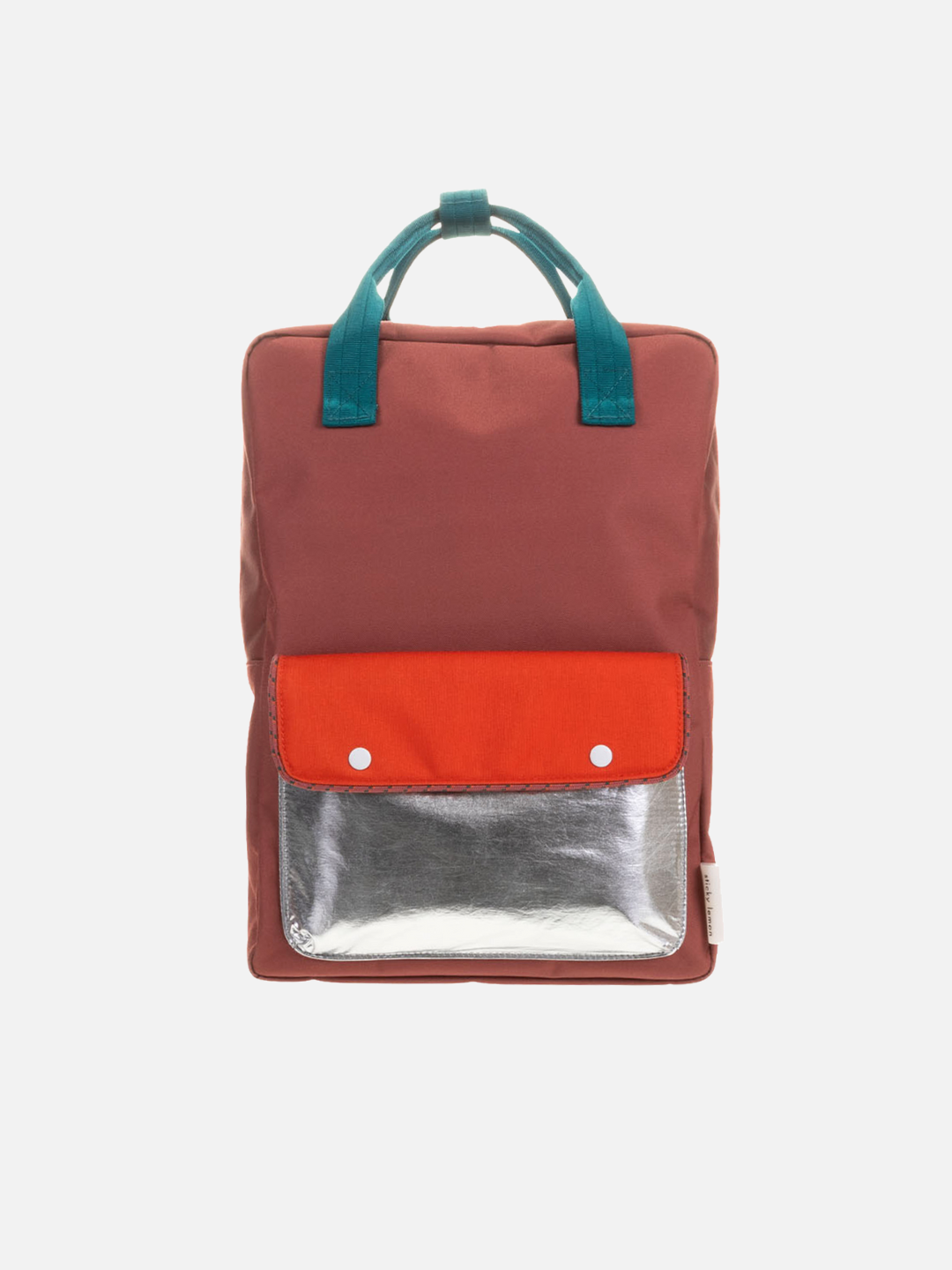 The LARGE BETTER TOGETHER ENVELOPE BACKPACK in Athletics Track features a recycled PET rectangular design with teal handles, a red body, orange front flap with two white buttons, metallic silver lower pocket, and waterproof lining to keep belongings dry.