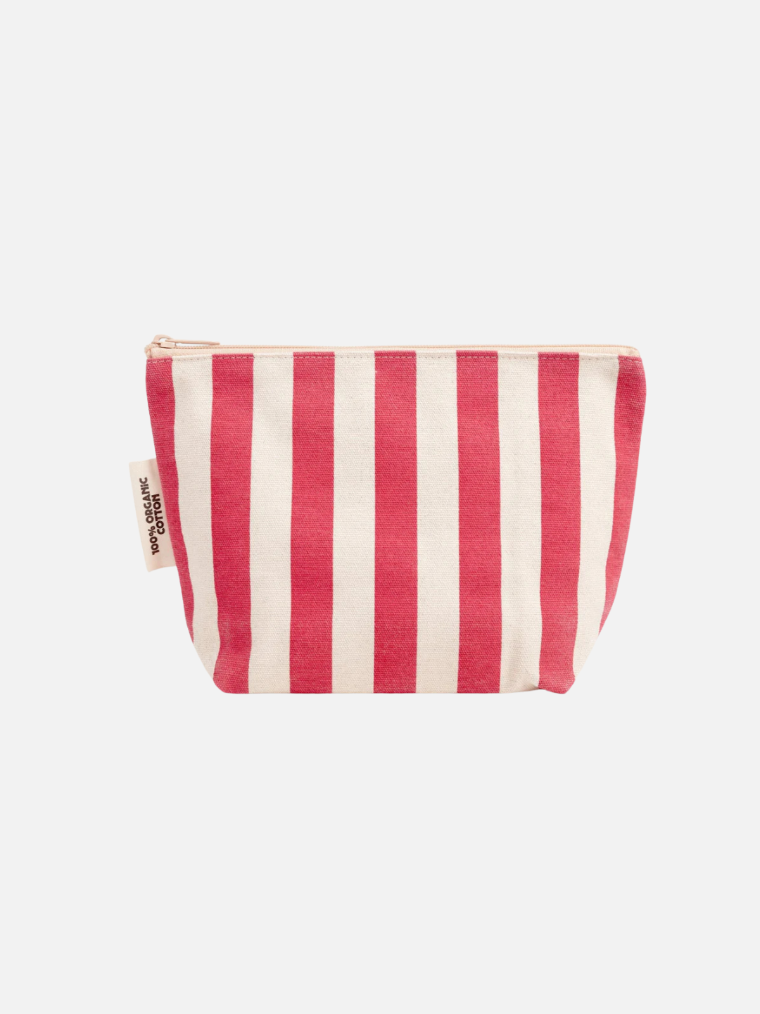 Pink | The ORGANIC COTTON ZIPPER BAG features pink and white vertical stripes, a zipper closure, and is made from durable organic cotton—ideal for organizing diaper bags. Shown against a white background.