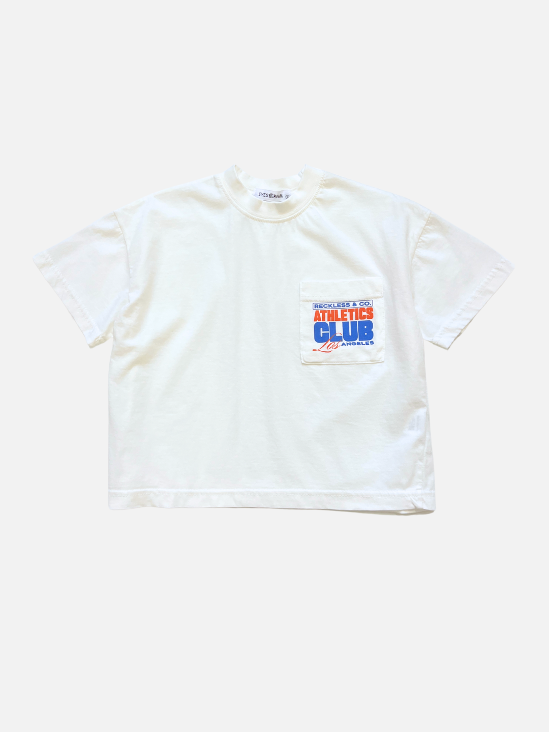 The CLUB POCKET TEE is a white oversized cotton t-shirt with a chest pocket and a blue and orange "Athletics Club" graphic, crafted by a popular Korean kids brand.