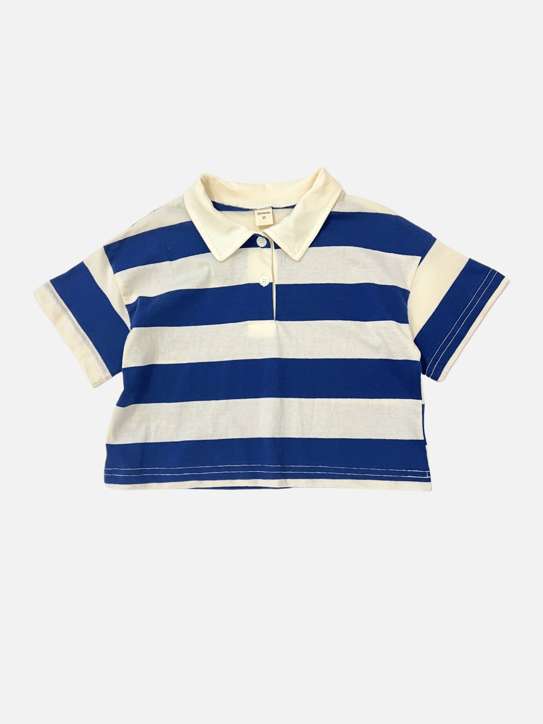 The RUGBY COLLAR TEE is a blue short-sleeve polo with wide blue and white stripes, a white collar, and 100% cotton fabric by a leading Korean kids brand, shown flat on a white background.