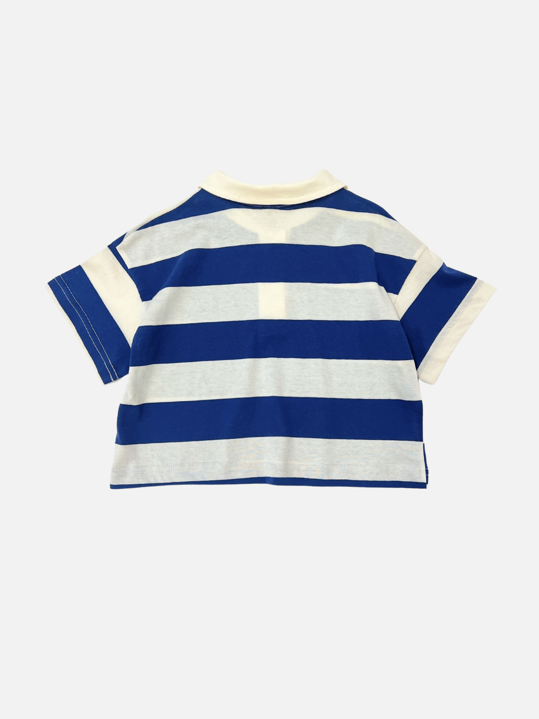 The RUGBY COLLAR TEE is a lightweight, short-sleeved crew neck shirt made from 100% cotton with wide horizontal blue and white stripes, shown laid flat and viewed from the back.