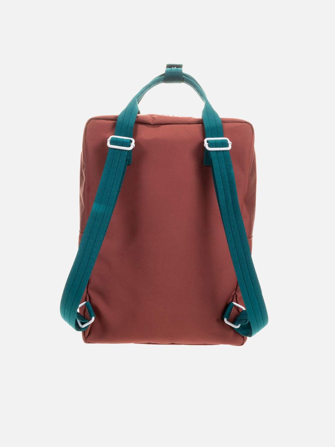The LARGE BETTER TOGETHER ENVELOPE BACKPACK is a rectangular, rust-colored backpack with teal adjustable shoulder straps, shown from the back on a white background. Made from recycled PET, it features a waterproof lining for extra durability.