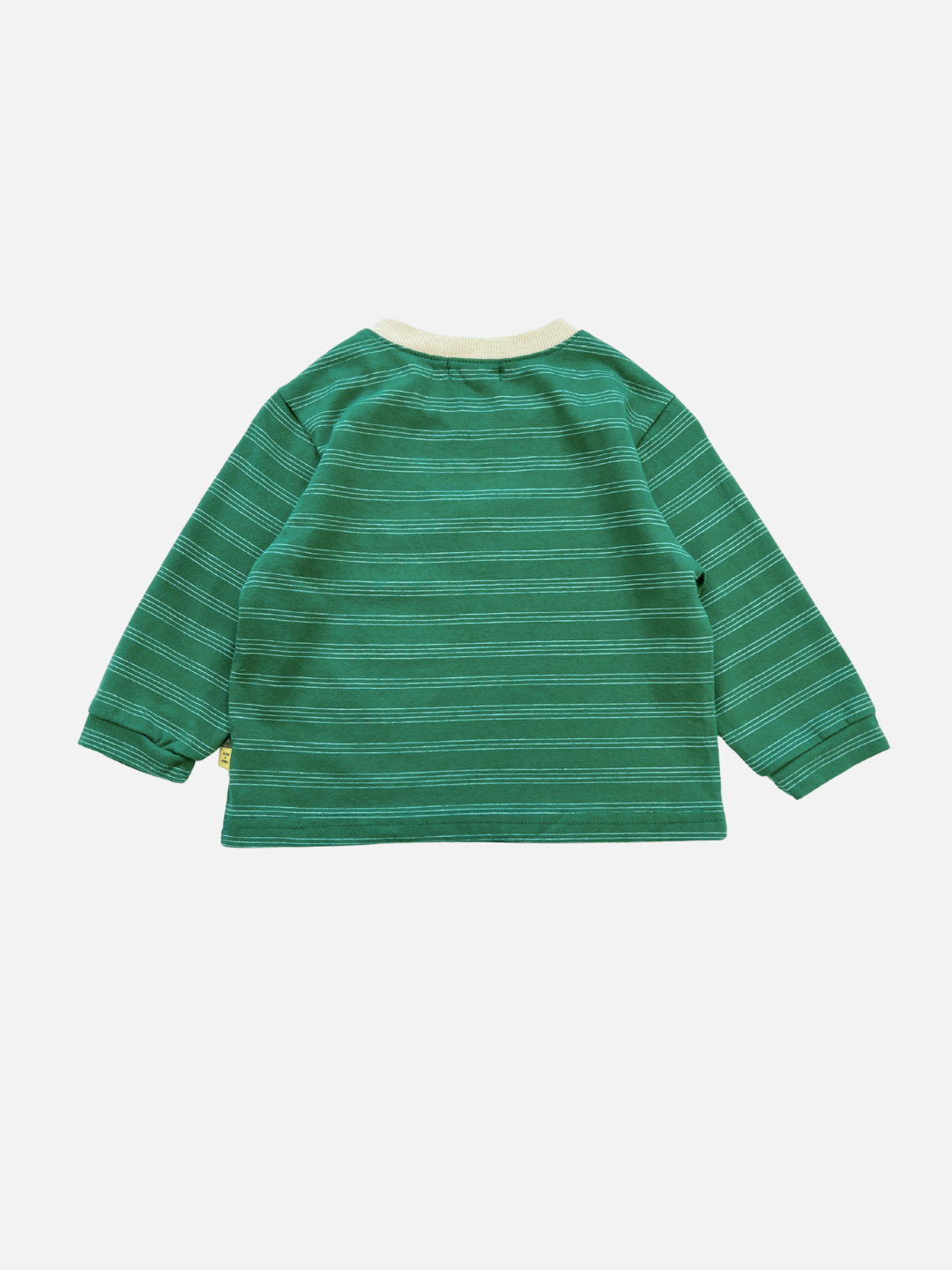 The MINI STRIPE LONGSLEEVE is a green cotton baby tee with thin white stripes and a cream collar, shown on a white background—an ideal stylish addition to your Korean baby clothing collection.
