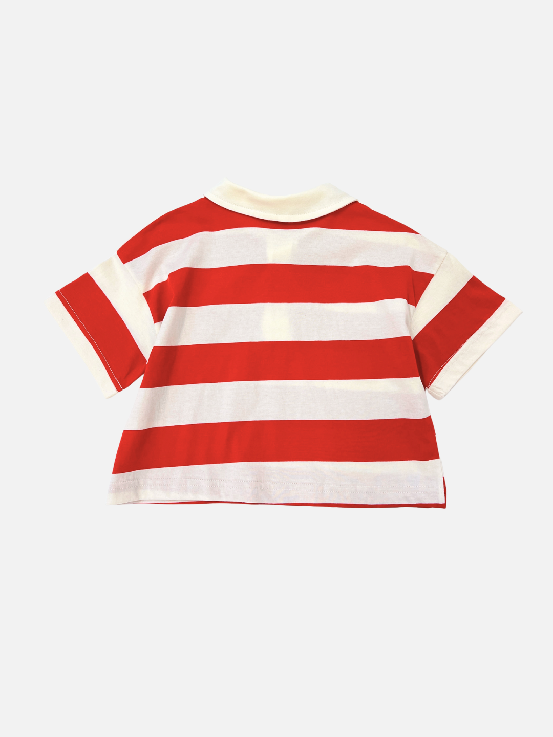 The RUGBY COLLAR TEE is a short-sleeved, lightweight shirt with wide horizontal red and white stripes. Shown from the back against a plain white background, it's a stylish piece from a popular Korean kids brand.