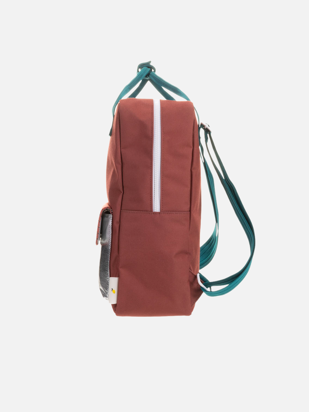 Side view of the LARGE BETTER TOGETHER ENVELOPE BACKPACK in red recycled PET, with teal adjustable shoulder handles, white zipper, and a small side pocket, displayed against a plain white background.