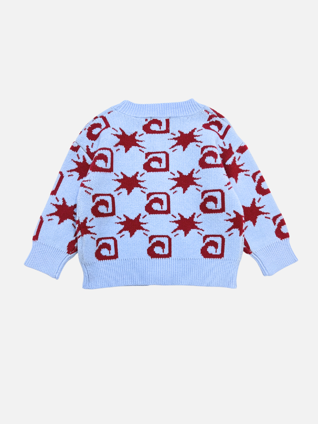 Sky | The TRELLIS CARDIGAN is a light blue knit sweater with a red geometric and star pattern on the back, shown on a plain white background.
