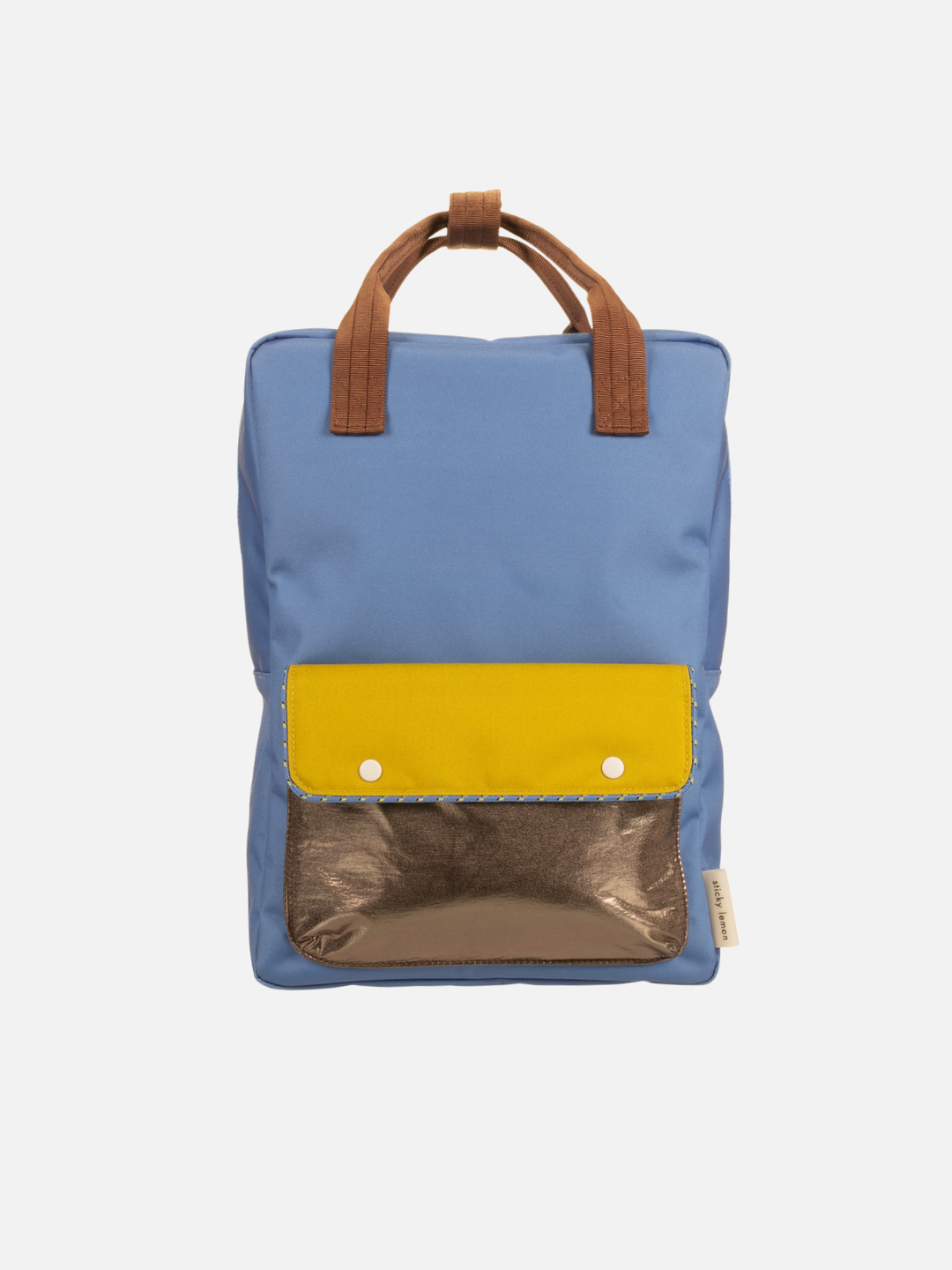 The LARGE BETTER TOGETHER ENVELOPE BACKPACK in Pool features brown adjustable shoulder handles, a yellow front flap, and a metallic bronze pocket. Made from recycled PET with a waterproof lining, it is shown on a plain white background.