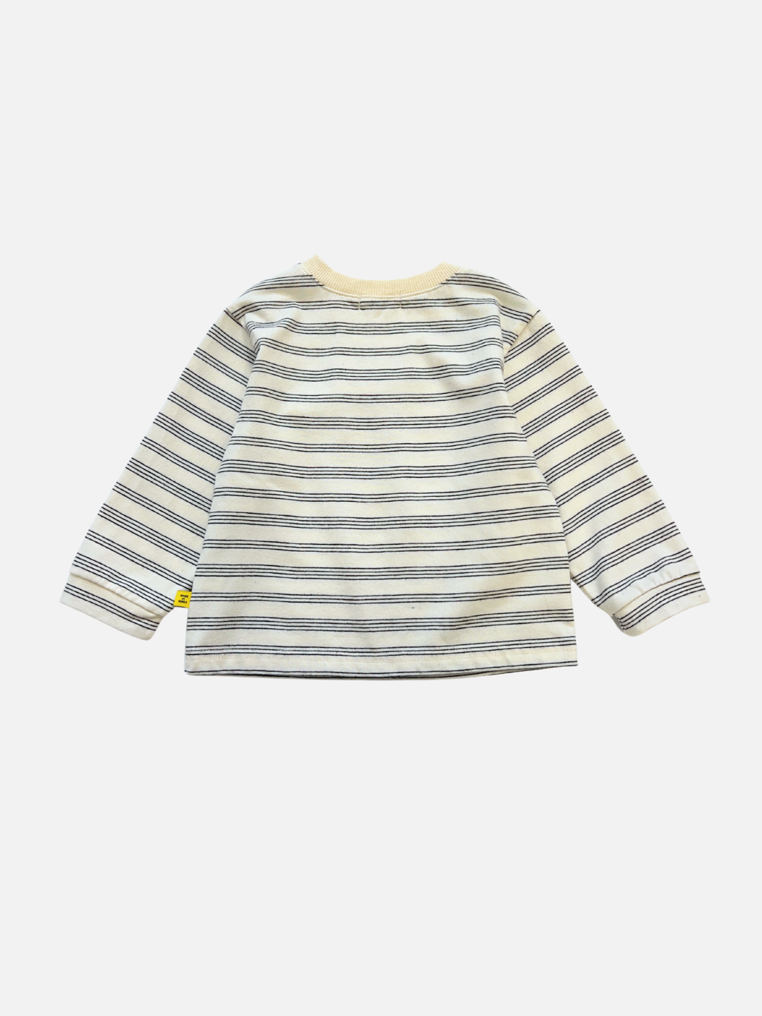 MINI STRIPE LONGSLEEVE: Cotton baby tee with navy and white horizontal stripes, shown flat on a white background. Ideal for lovers of classic Korean baby clothing and striped longsleeve styles.