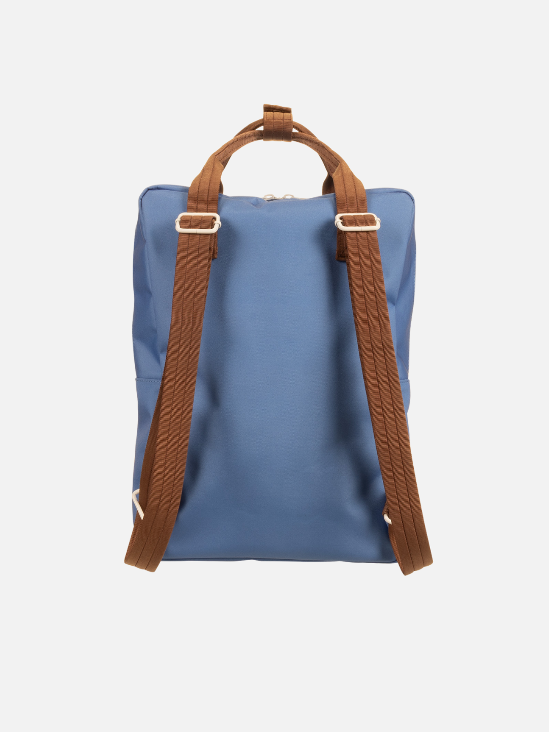 The LARGE BETTER TOGETHER ENVELOPE BACKPACK is a blue rectangular bag with brown adjustable shoulder straps, a matching carry handle, made from recycled PET, and has a waterproof lining, shown on a plain white background.