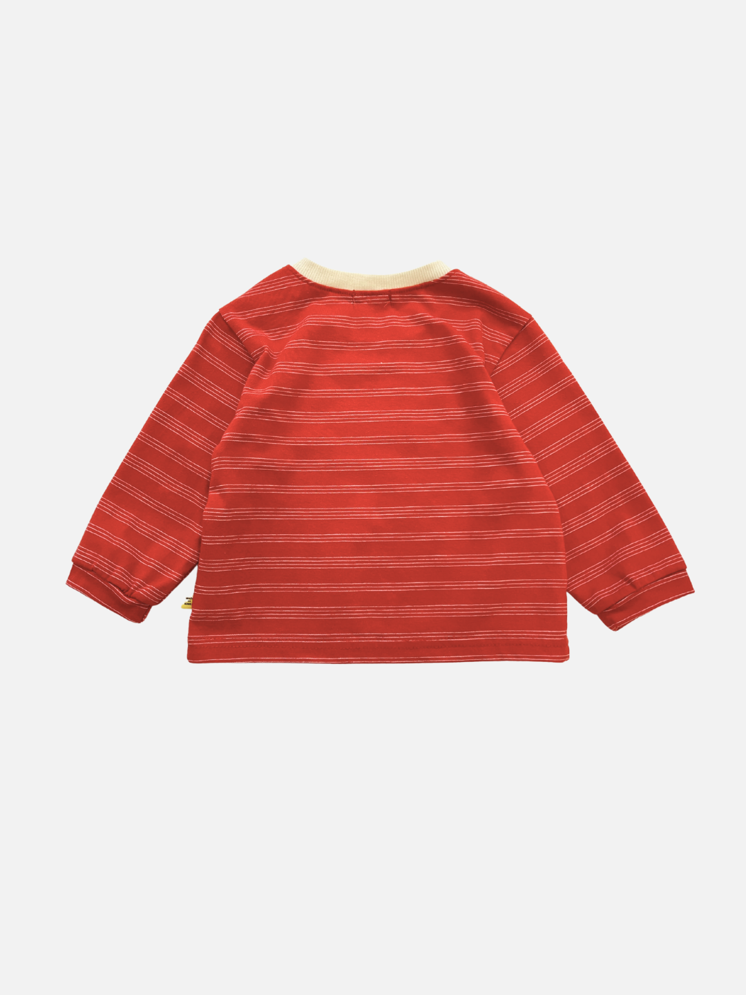 Red | The MINI STRIPE LONGSLEEVE is a red cotton baby tee with thin white stripes and a light-colored collar, shown laid flat on a white background—a charming piece of Korean baby clothing.