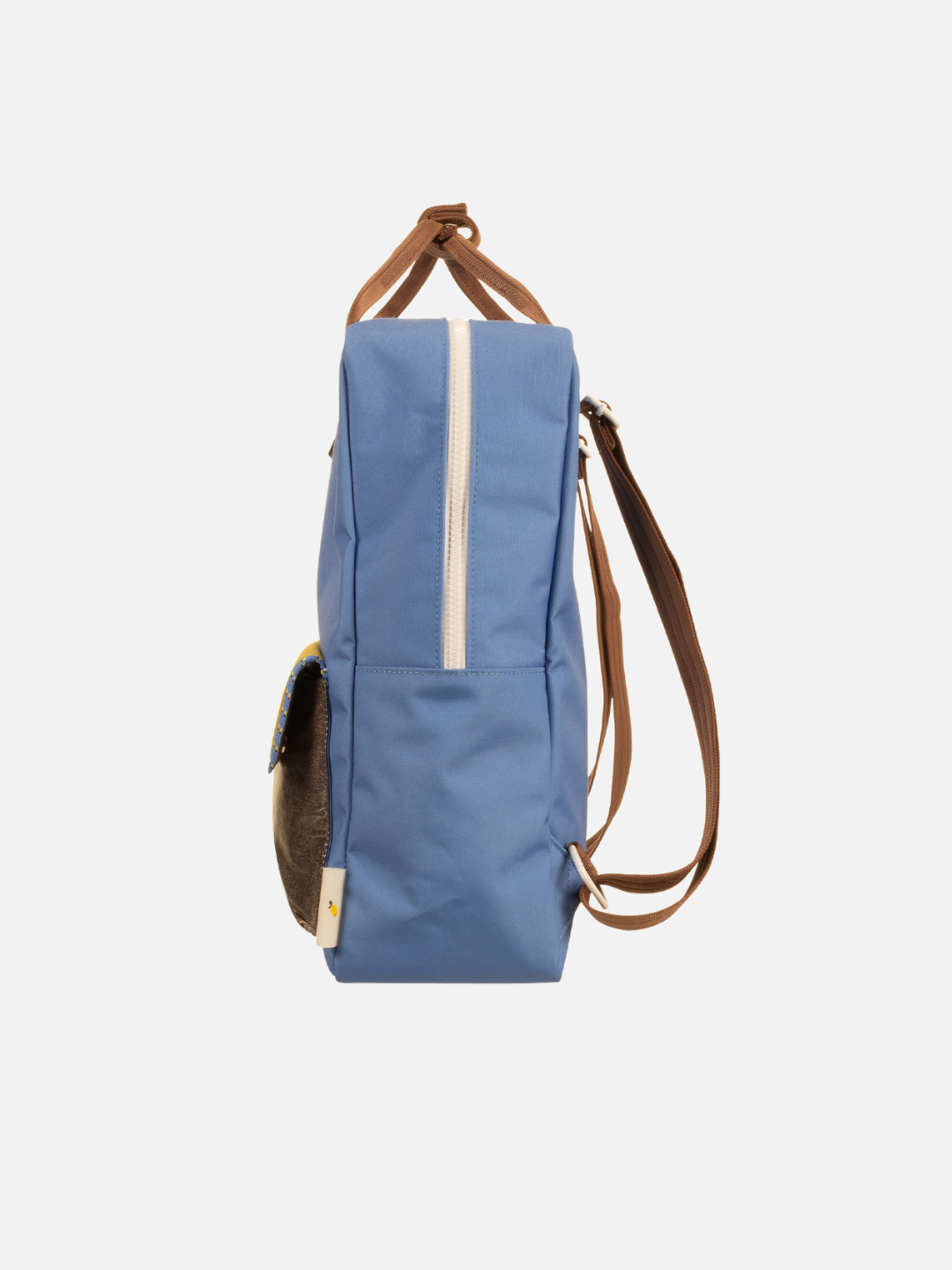 A side view of the LARGE BETTER TOGETHER ENVELOPE BACKPACK in blue with brown straps, adjustable shoulder handles, a white vertical zipper, and a small front pocket, shown on a plain white background.