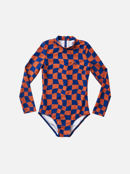 Image of Front view of the kid's Wavy Checks One-Piece Swimsuit