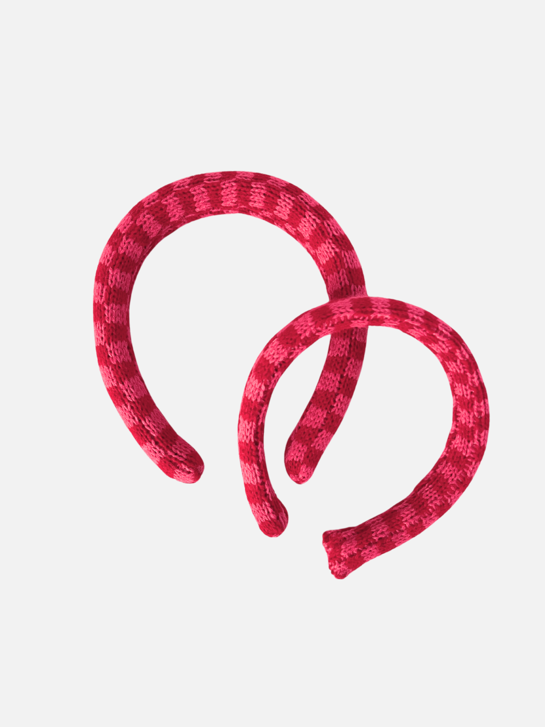 Pink/Red Checks | Two sizes of kids' knitted headband in a pink and red check