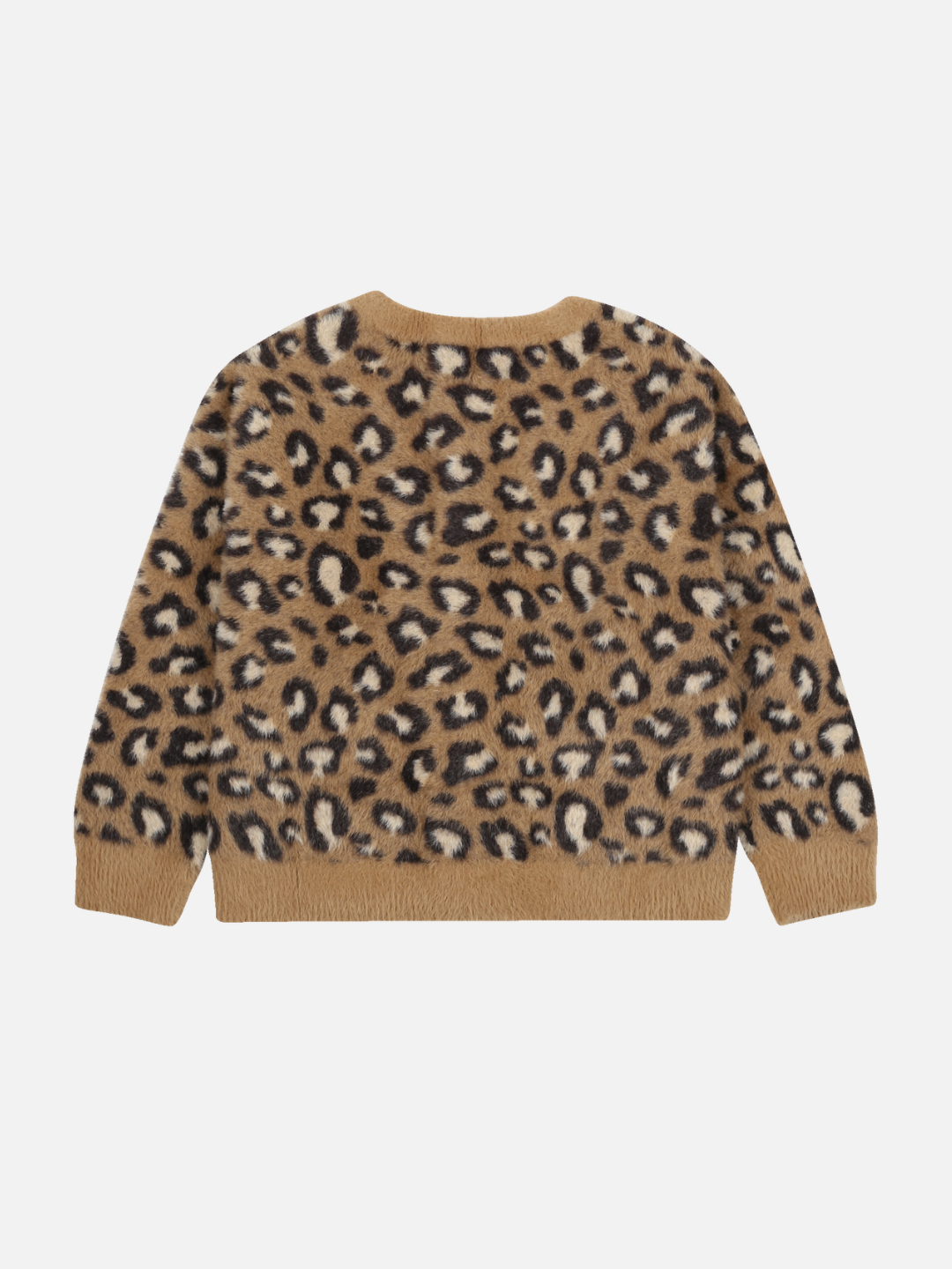 The COZY LEOPARD CARDIGAN is a long-sleeved, brown sweater with black and beige leopard print, shown laid flat with the back facing up