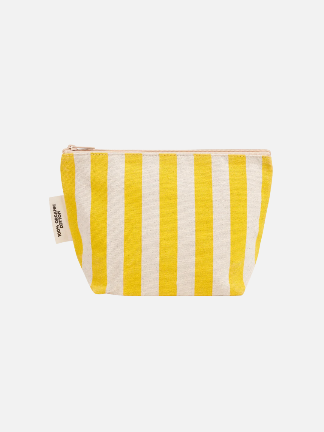 Yellow | The ORGANIC COTTON ZIPPER BAG in yellow features durable organic cotton with vertical yellow and white stripes and a beige zipper—ideal for diaper bag organization or as a stylish addition to your zipper bags. Shown on a white background.