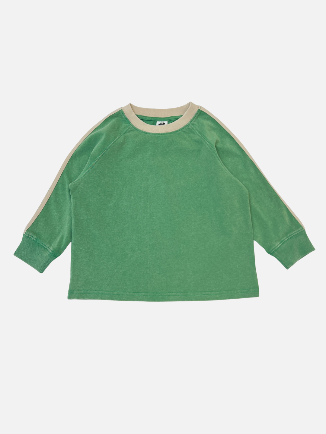 The HALFTIME LONGSLEEVE is a green long-sleeved tee with off-white collar and sleeve stripes, offering a vintage feel and shown laid flat on a white background.