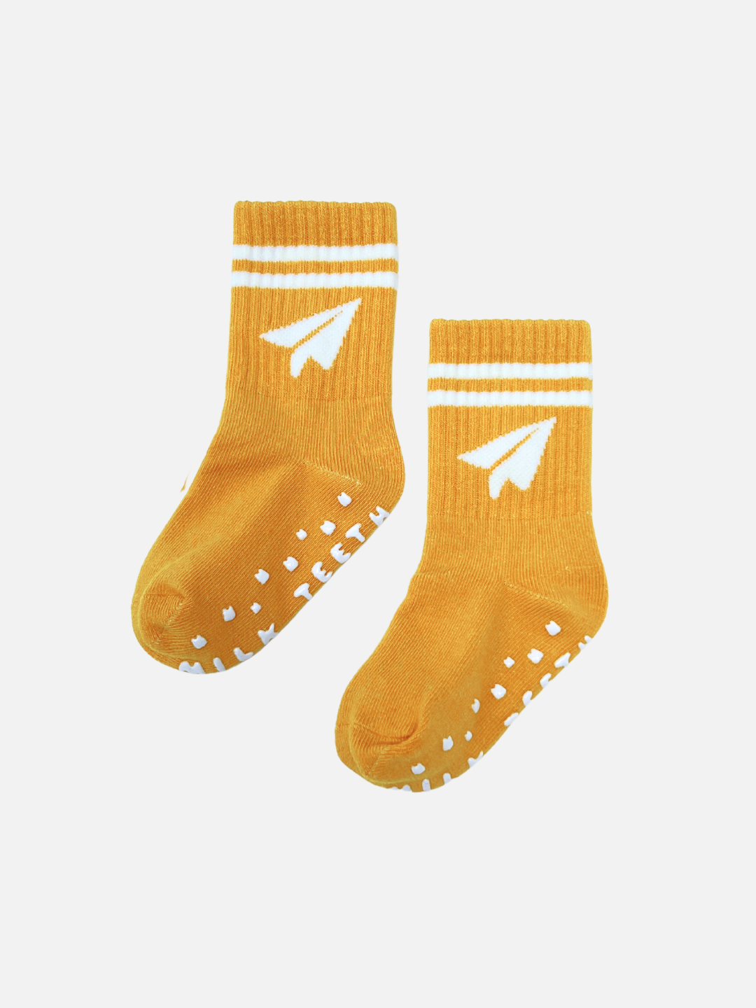Paper Plane | Pair of mustard yellow socks with white stripes and a paper plane on a light gray background