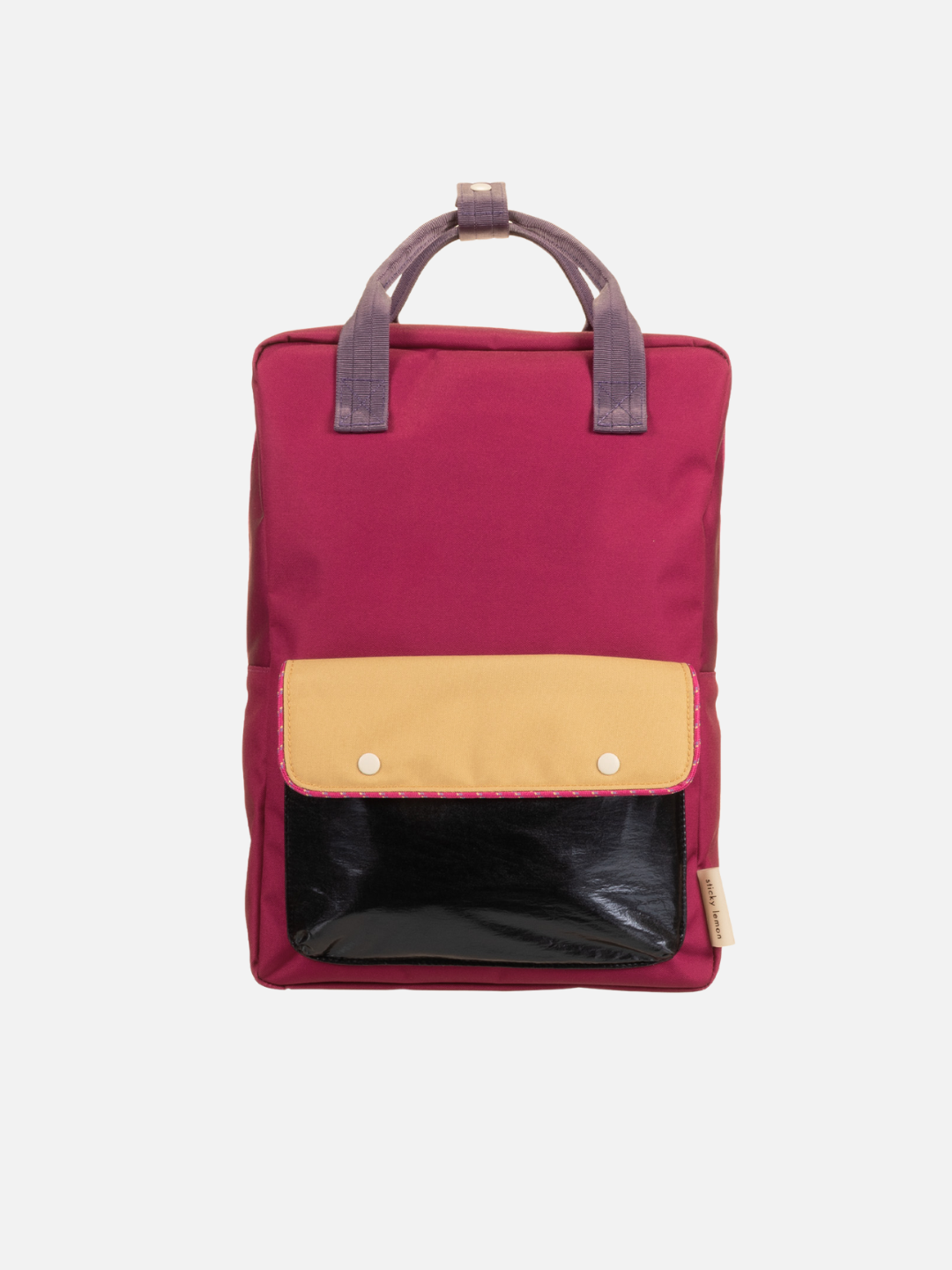 The LARGE BETTER TOGETHER ENVELOPE BACKPACK in Gymnastic Pink has adjustable purple straps, a yellow flap, black front pocket, and waterproof lining, shown on a white background.