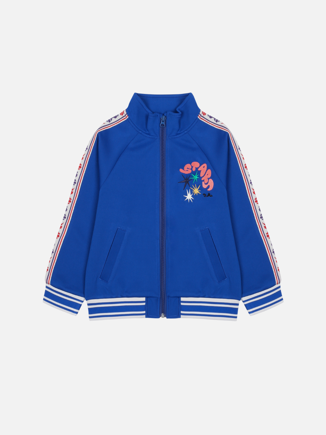 The CHESS TRACK JACKET is a blue zip-up with striped cuffs and hem, side pockets, sleeve stripes, and a chest graphic with stars and text