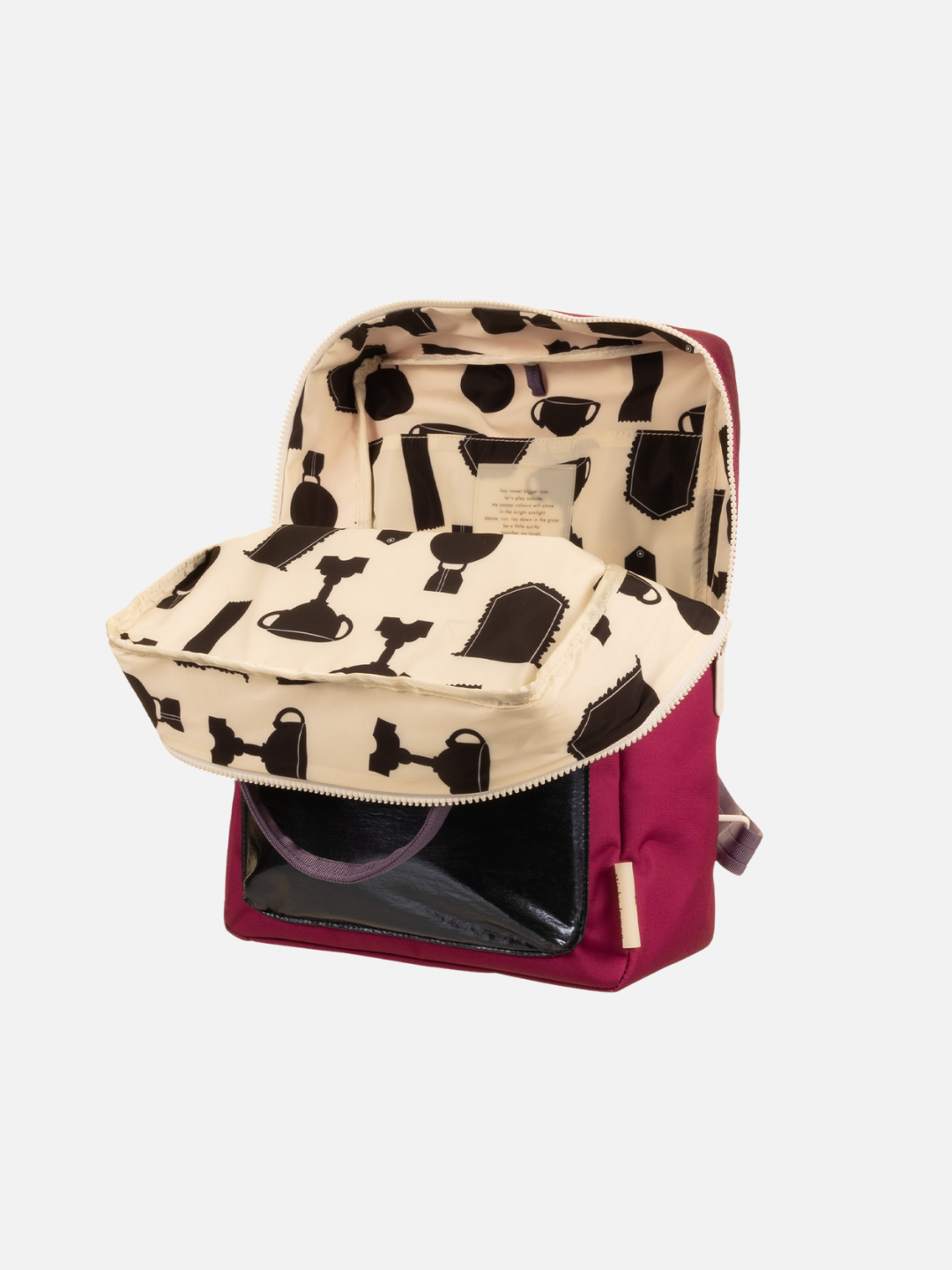 The LARGE BETTER TOGETHER ENVELOPE BACKPACK is maroon with a cream interior lined with black cat and teapot silhouettes. Made from recycled PET, it offers adjustable shoulder handles for added comfort and style.